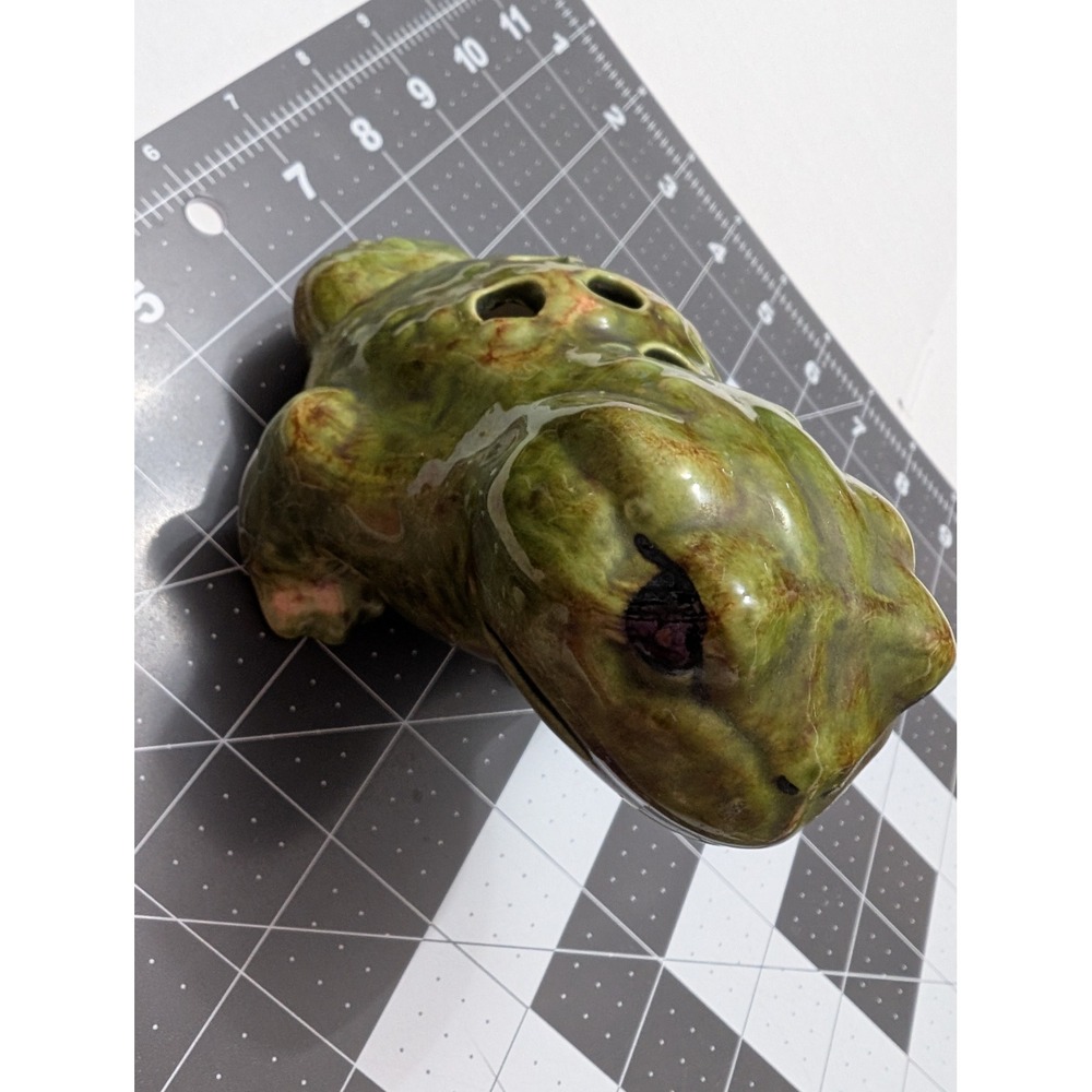 Flower Frog Toad Frog Project piece signed WO green yellow brown ceramic 6 inch